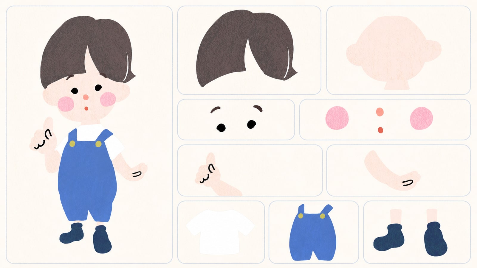 髪、顔、目、ほっぺ、手、腕、シャツ、オーバーオール、靴に分かれた梛木のイラスト
